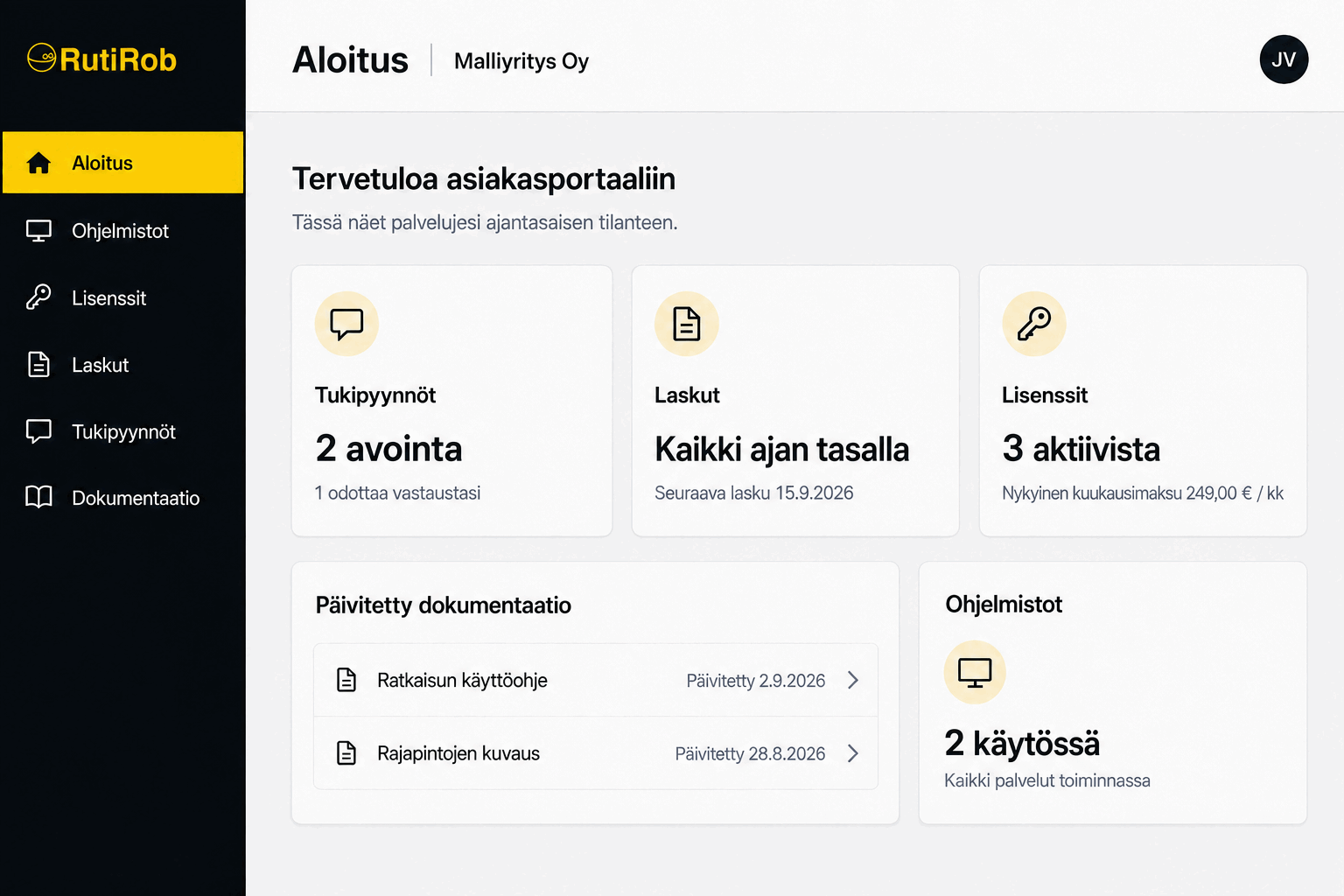 Rutirob customer portal: navigation on the left; support requests, invoices, licences and updated documentation on the right.