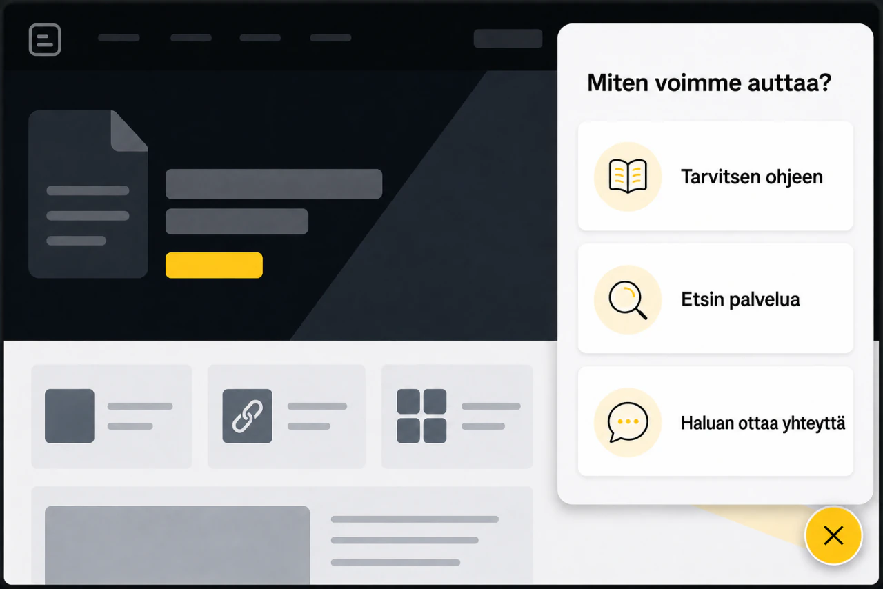 An anonymised website with a floating button and choice cards leading to instructions, a service or a contact option.